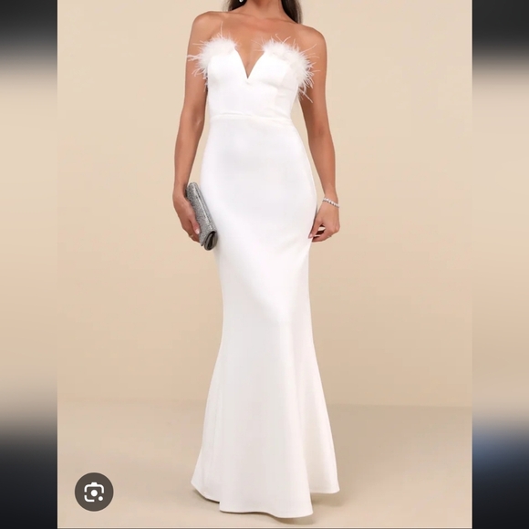 Lulus Extraordinary Glam White Feather Strapless Mermaid Maxi Dress small - Picture 1 of 10